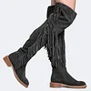 Women's Vintage Tassel Solid Low Heel Thigh High Boots