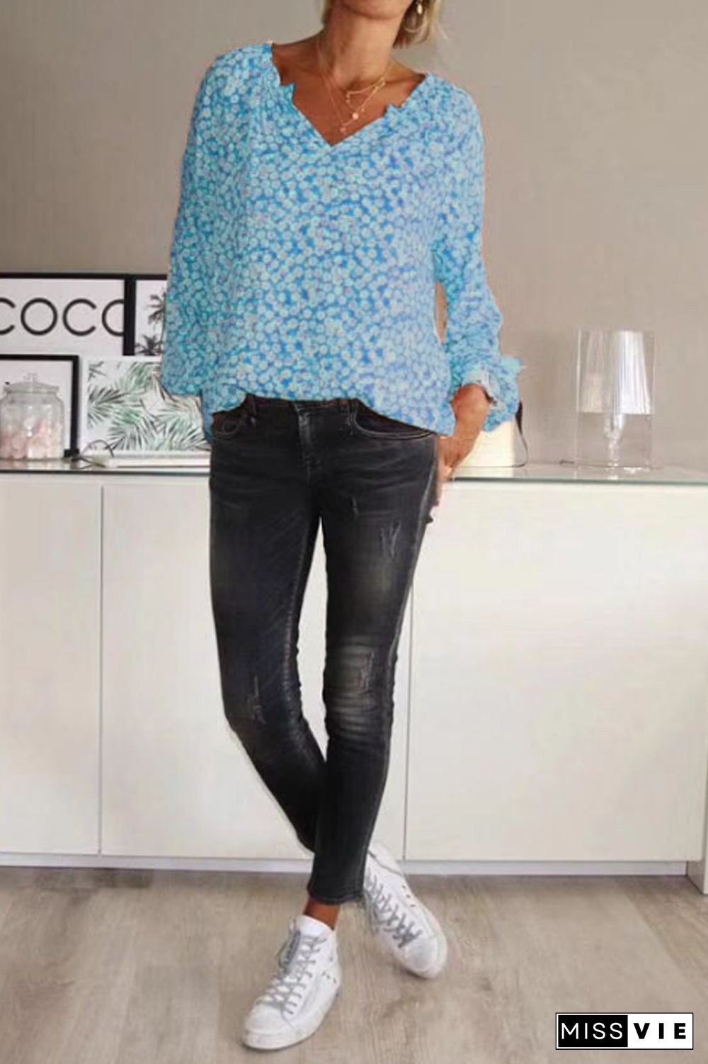 Bohemian V-Neck Floral Print Blouse