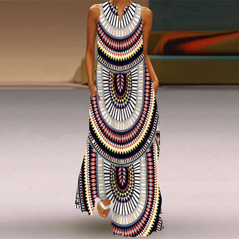 African Geometric Print Pocket Maxi Dress