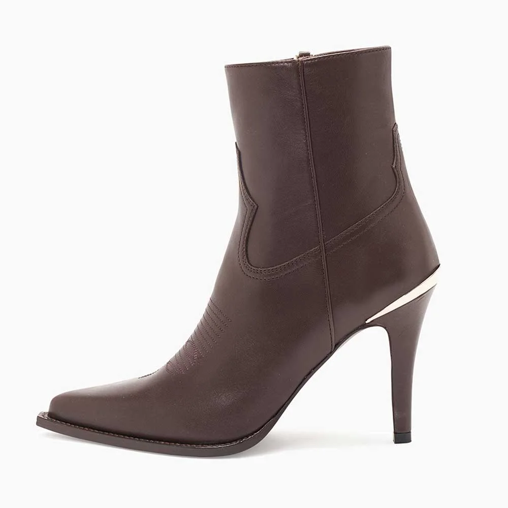 Brown Pointed Toe Zipper Stiletto Heel Short Cowgirl Boots for Women
