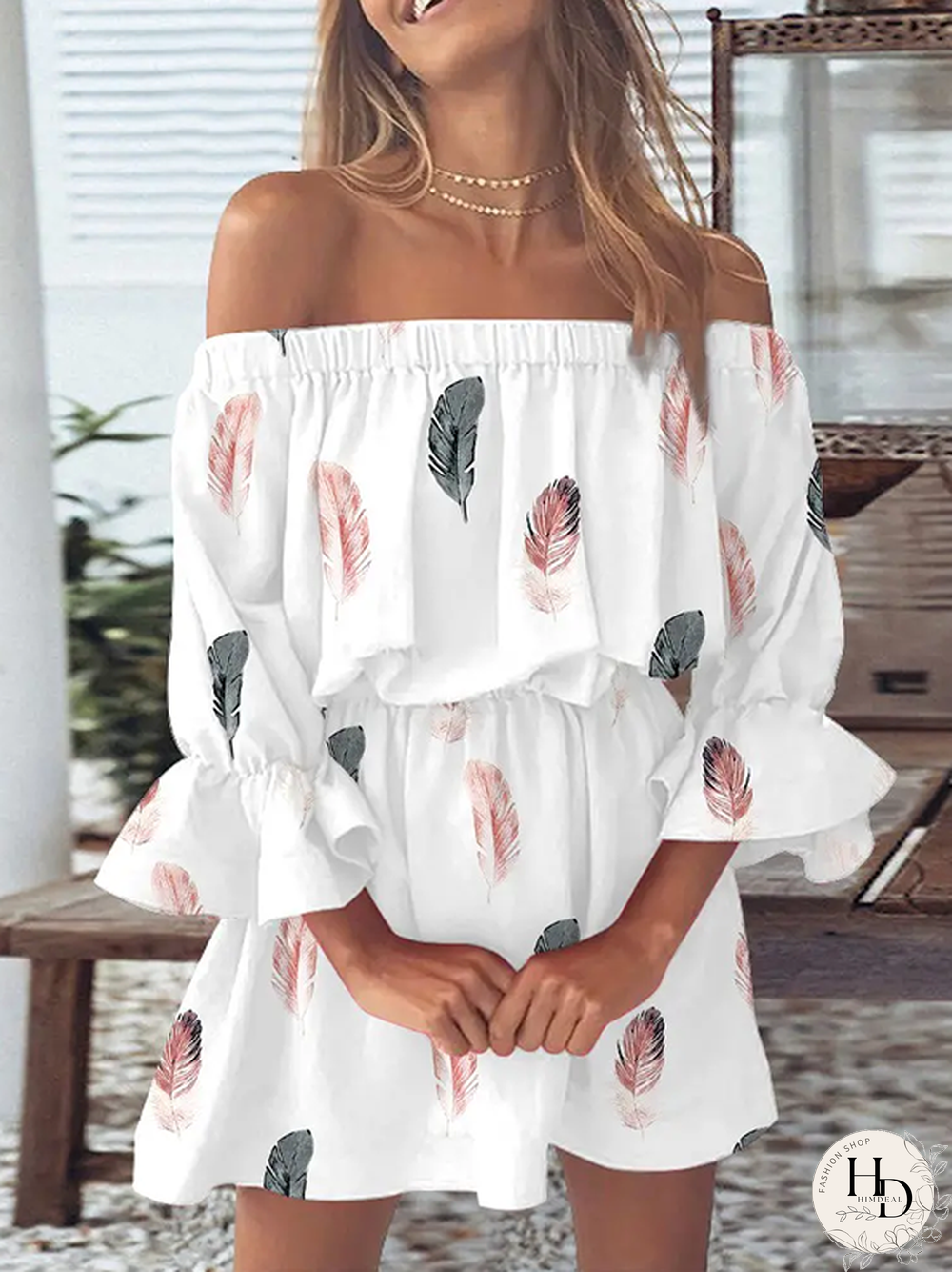 Feather Off The Shoulder Casual Half sleeve Dress