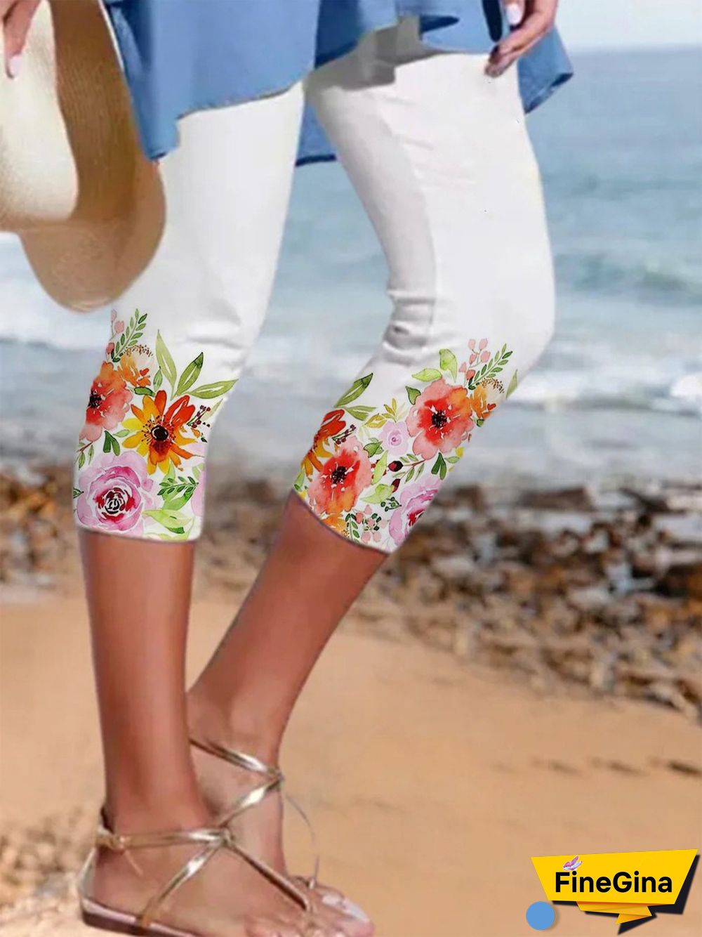 Casual Floral Elastic Waist Skinny Cropped Leggings