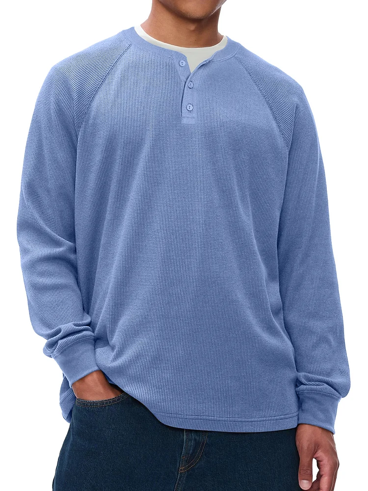 Men's Casual Waffle Raglan Solid Color Long Sleeve Henley