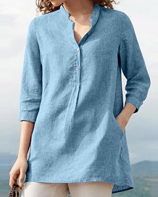 Solid Color Stand Collar Linen Casual Pullover Shirt Top