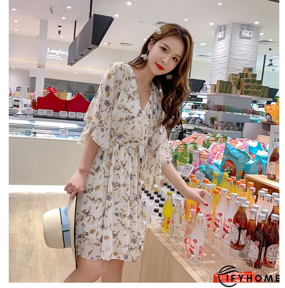 Spring Summer Chiffon Women V-Neck Floral Print Short Dresses Sweet Ruffle Sleeeve Slim Drawstring Ladies Dress | IFYHOME