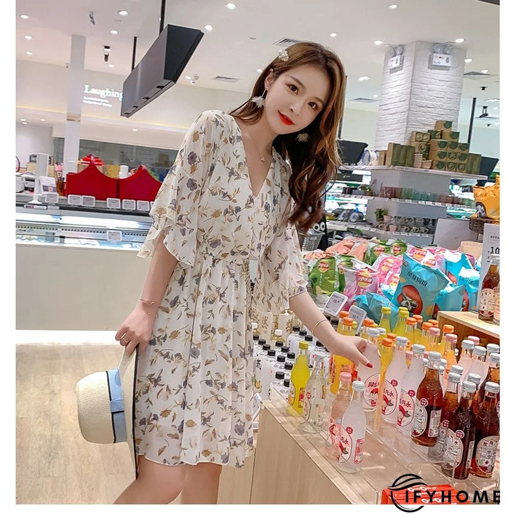 Spring Summer Chiffon Women V-Neck Floral Print Short Dresses Sweet Ruffle Sleeeve Slim Drawstring Ladies Dress | IFYHOME