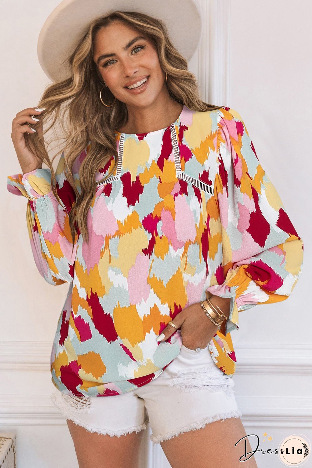 Printed Flounce Sleeve Buttoned Blouse