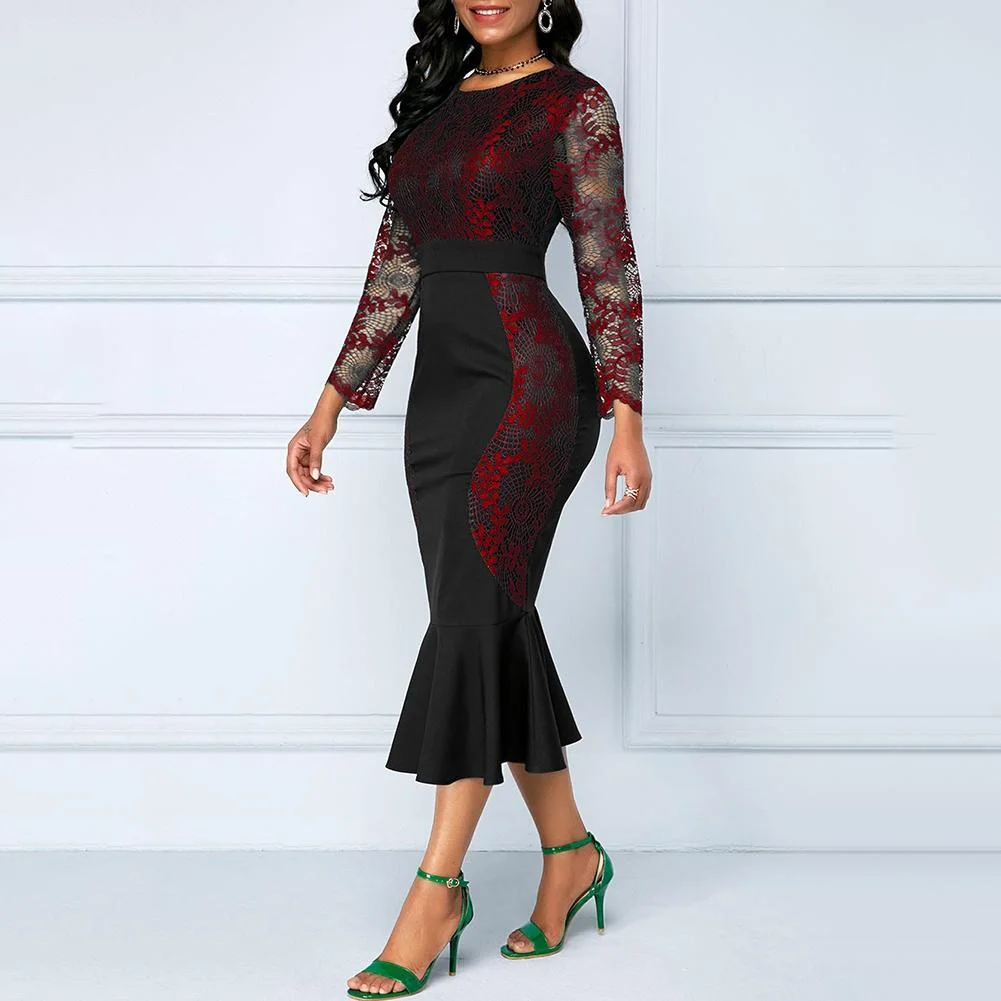 vestidos Dresses For Women 2021  Elegant Lace Patchwork Color Block Long Sleeve Fishtail Hem Bodycon Midi Dresses Party