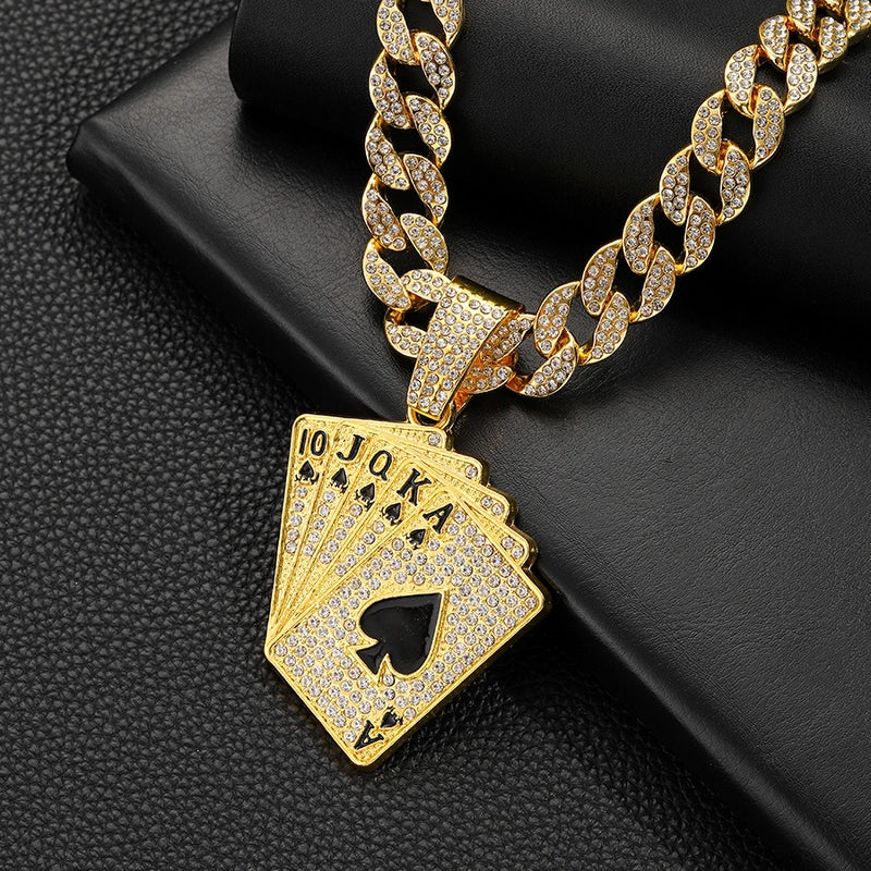 Hip-Hop Poker Alloy Inlay Rhinestones Unisex Pendant Necklace Men Pendant Necklaces