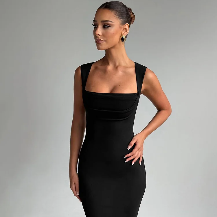 Square Collar Sleeveless Solid Color Slim Fit Dress