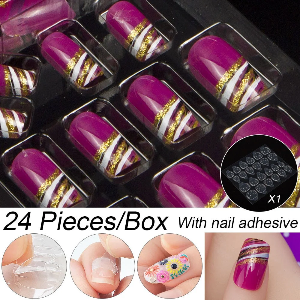 Fashion 24pc/set 10 Sizes Fake Nails Full Cover French False Nail Tips With Double-Sided Nail Adhesive Tab Press On Nails Art-Nail Inspo