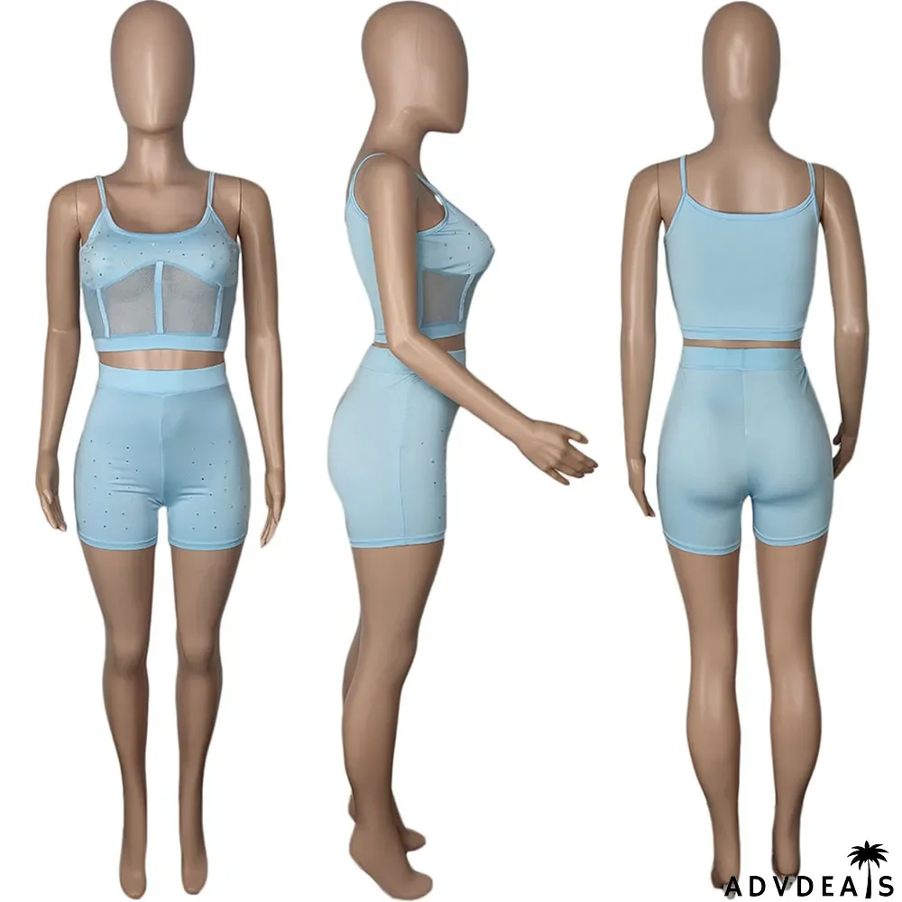 Solid Color Stitching Mesh Top Camisole Suit