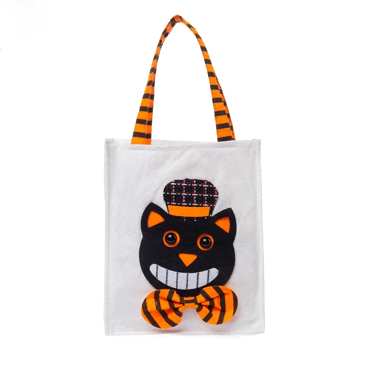 White Cat Bag-Personalized 1 Name Halloween Tote Bags, Custom Kids Halloween Trick or Treat Candy Bags with Cat