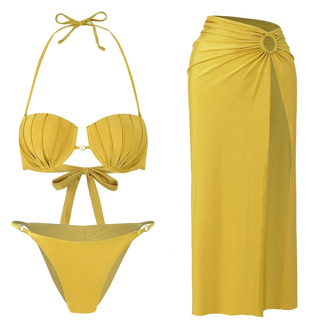 Brownm Blast-Bender Solid-Colored Swimsuit Women's Half-Body Dress Three-Piece Hard Bag Bikini