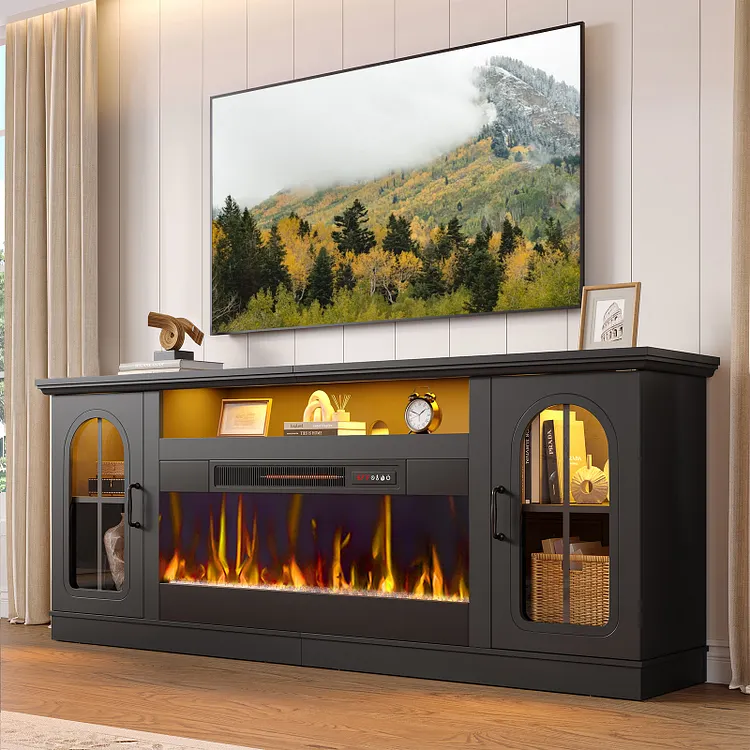 Bestier 70" Fireplace TV Stand with 36" Electric Fireplace, Farmhouse Entertainment Center for TVs up to 75", TV Console with LED Lights, Glass Door, Adjustable Shelves for Living Room