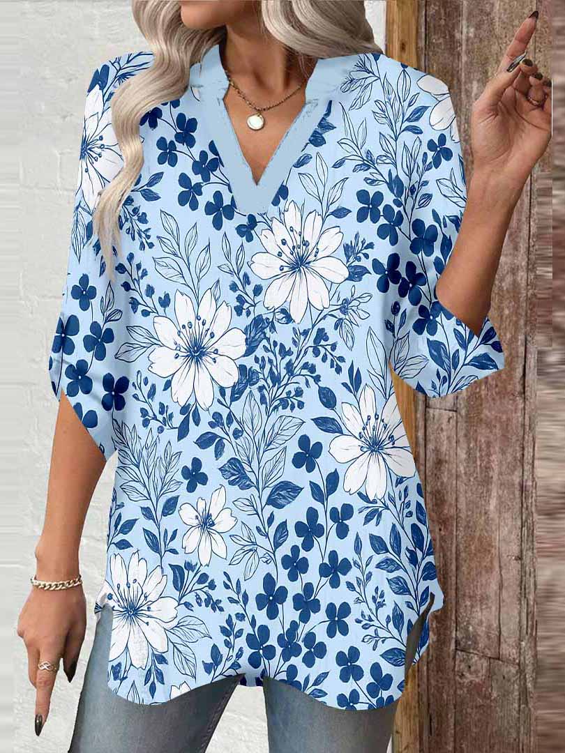 Women Floral, Blue DZGA0351 3/4 Sleeve V-neck Printed Graphic Button Tops