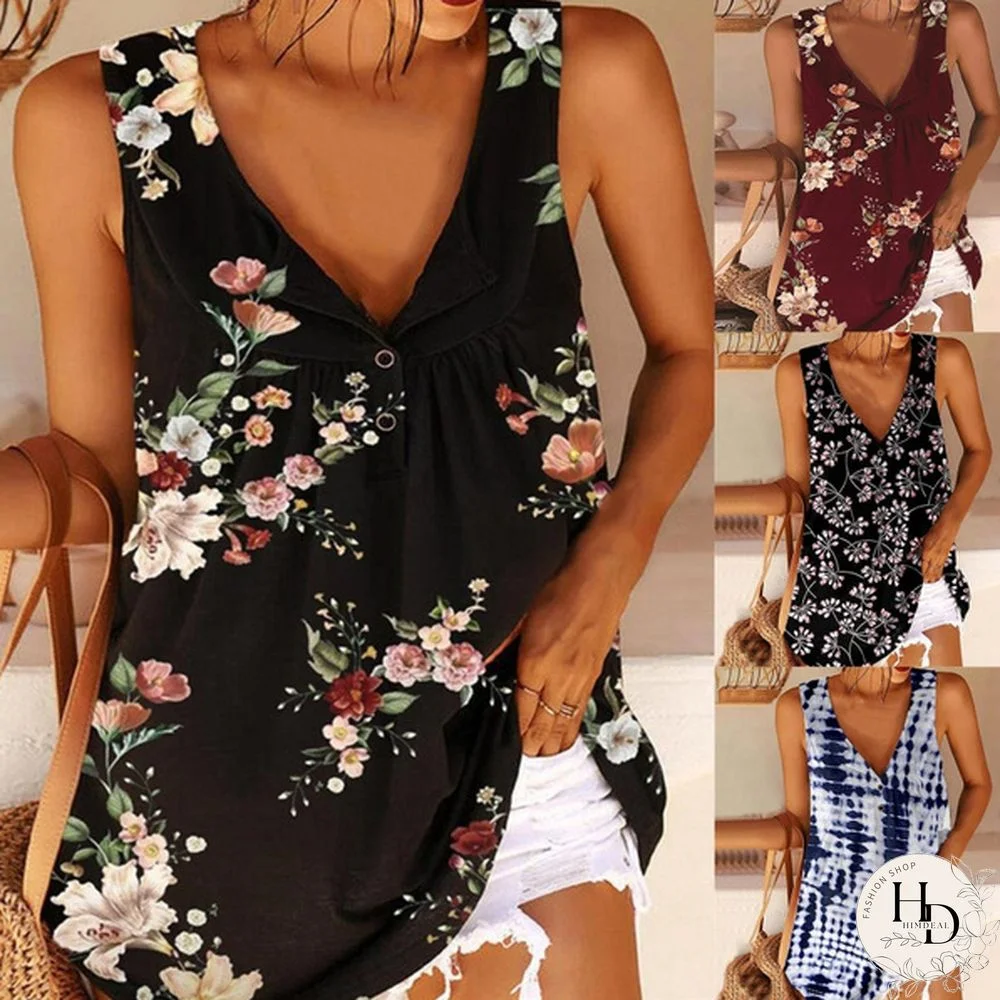 Women's Fashion Summer Floral Printed V-neck Sleeveless Casual Loose Shirt Top Shirt Blouse T-shirts Vest Plus Size