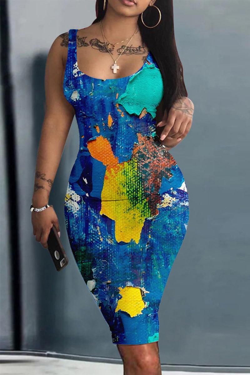 Plus Size Casual All Over Print Spaghetti Strap Bodycon African Mini Dress