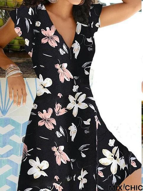 A-Line Short Sleeve Floral V Neck Weaving Dress