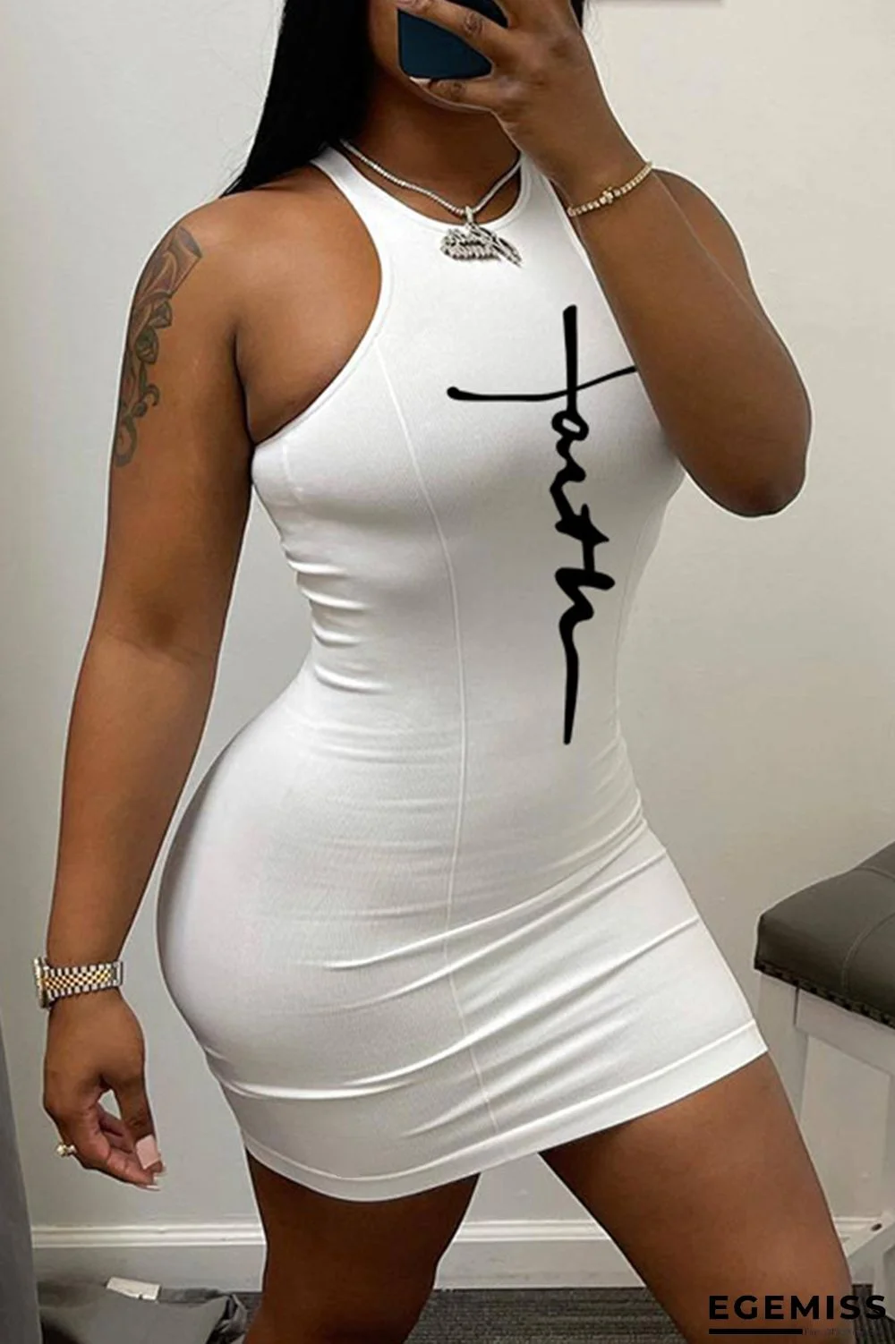 White Sexy Casual Print Basic O Neck Sleeveless Dress Dresses | EGEMISS