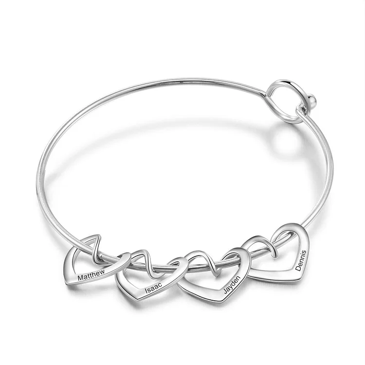 Love Bangle Bracelet with 4 Heart Shape Charms Engraved 4 Names Gift For Mom