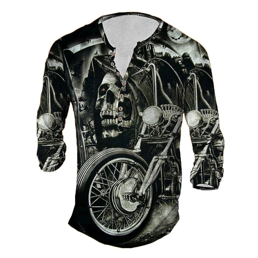 Skull 3D Print Men's Long Sleeve Henley Shirts-VESSFUL