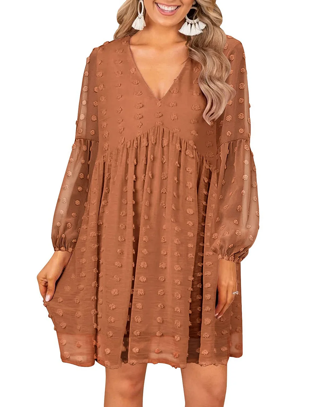 MIHOLL Women's V Neck Short Sleeve Ruffle Loose Summer Flowy Mini Dress