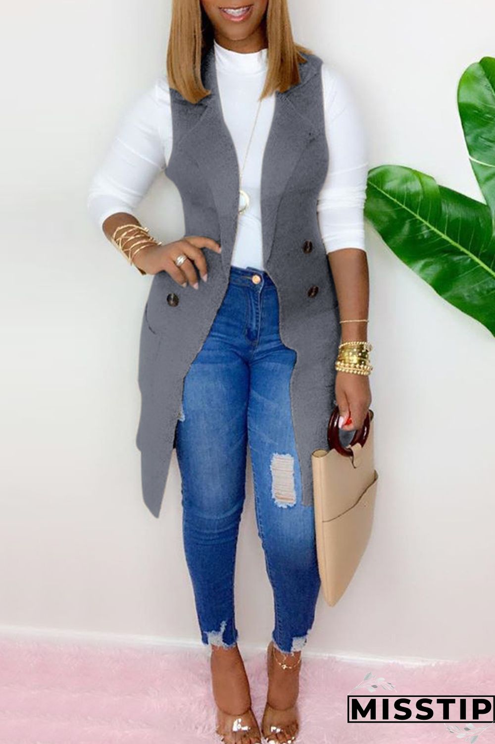 Grey Fashion Casual Solid Cardigan Turndown Collar Outerwear