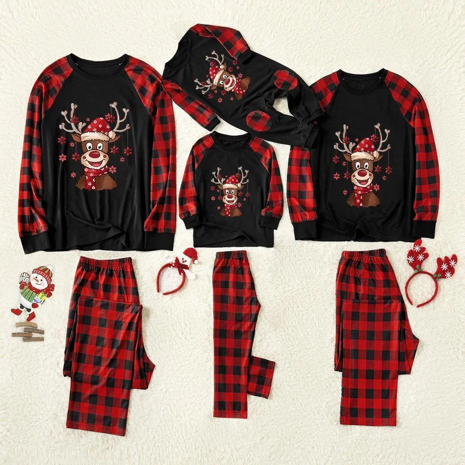 Cartoon Deer Contrast top and Plaid Pants Family Matching Pajamas Set in Black