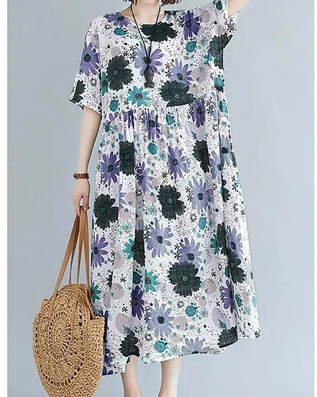 Women's Swing Dress Maxi long Dress - Short Sleeve Floral Patchwork Print Summer Fall Elegant Casual Blue Red Green S M L XL XXL 3XL 4XL 5XL