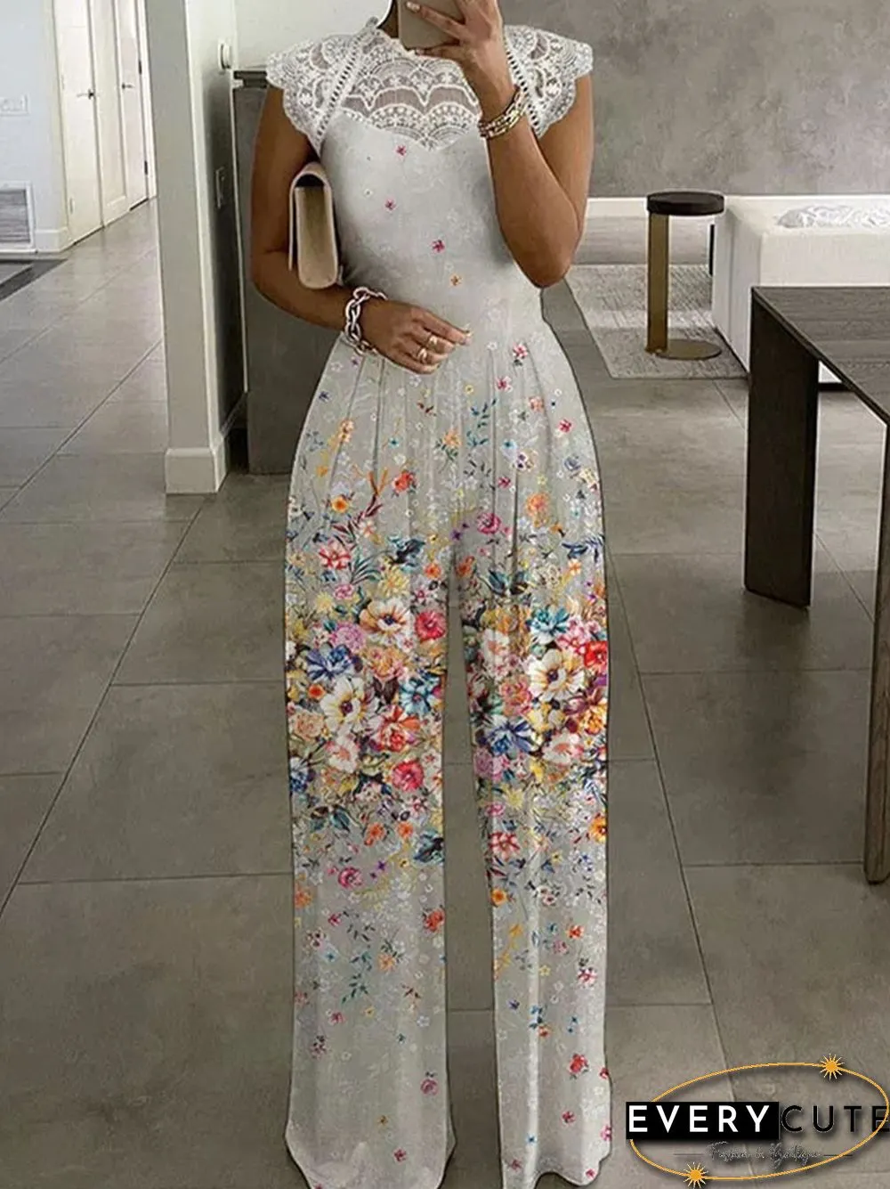 Womens Summer Fashion-Neck Flower Print Jumpsuit-Elegant Short Sleeve Lace Patchwork