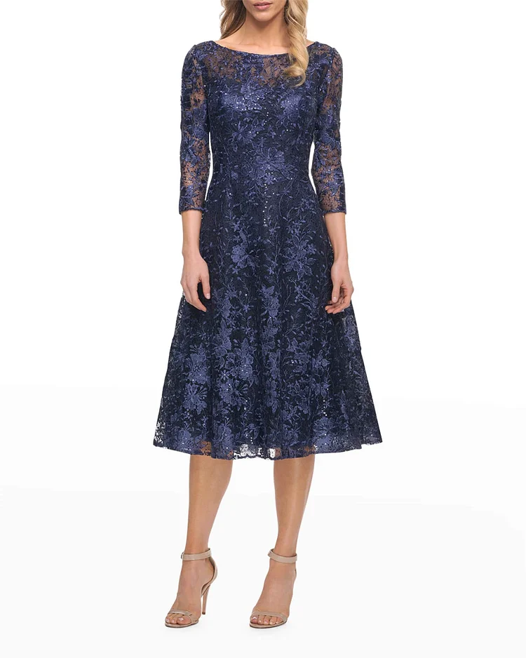 3/4-Sleeve Lace Midi Dress