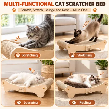 BEBANG Cat Scratcher for Indoor Cats, Curved Natural Sisal Cat Scratching Board with Solid Wood Frame, 2-in-1 Cat Scratcher Bed & Lounge for Large Cats, 23.6 Inch