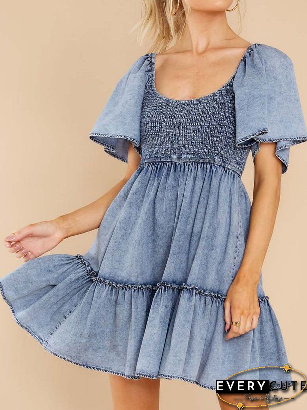 Women'S Dresses Loose Square Neck Short Sleeve Denim Dress