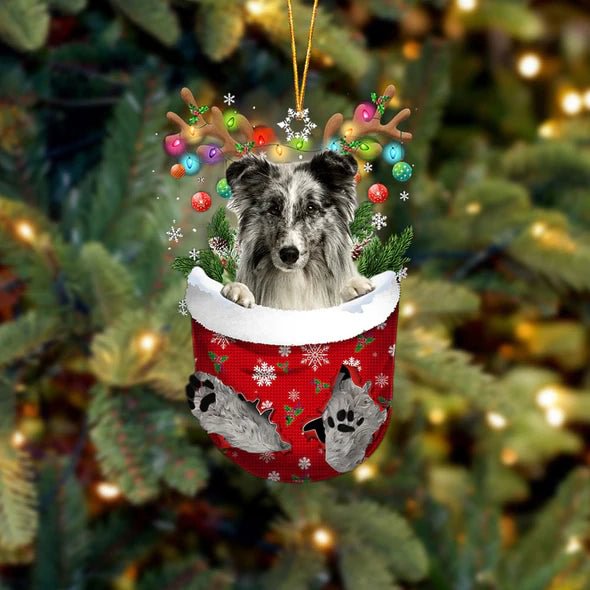 Shetland Sheepdog In Snow Pocket Christmas Ornament.