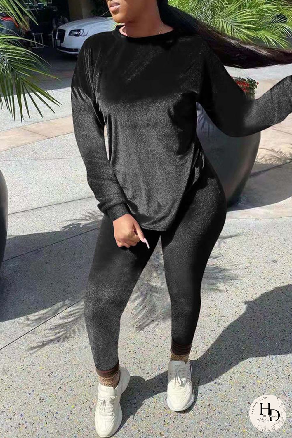 Black Fashion Casual Solid Basic O Neck Long Sleeve Two Pieces