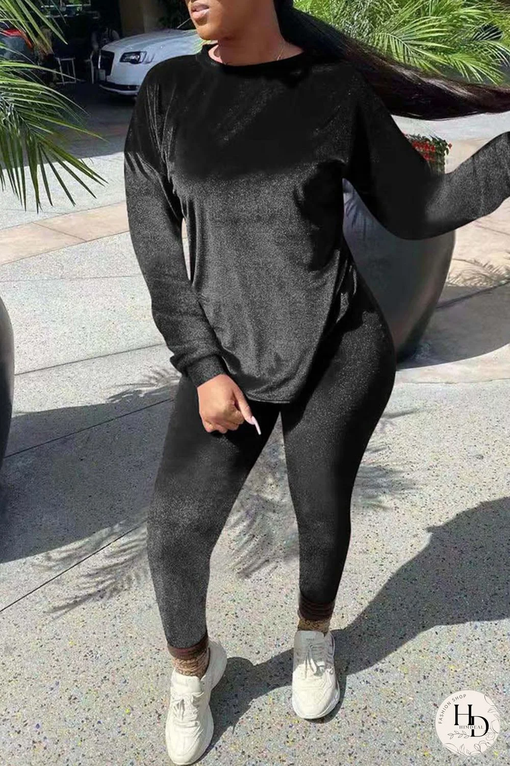 Black Fashion Casual Solid Basic O Neck Long Sleeve Two Pieces