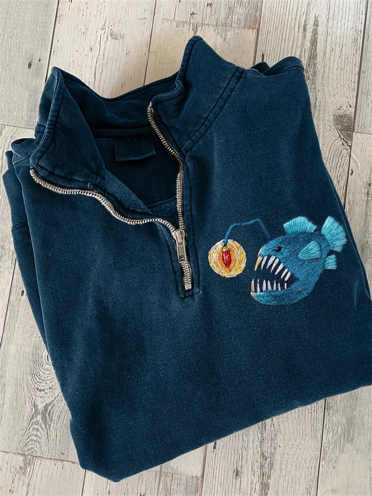 Lanternfish Embroidery Art Zip Up Sweatshirt