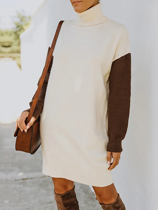 Casual Roomy Contrast Color High-Neck Long Sleeves Sweater Dress