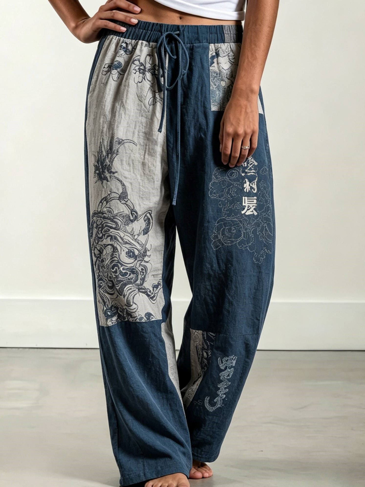 Comstylish Men's Creative Japanese Print Comfortable Cotton Linen Trousers