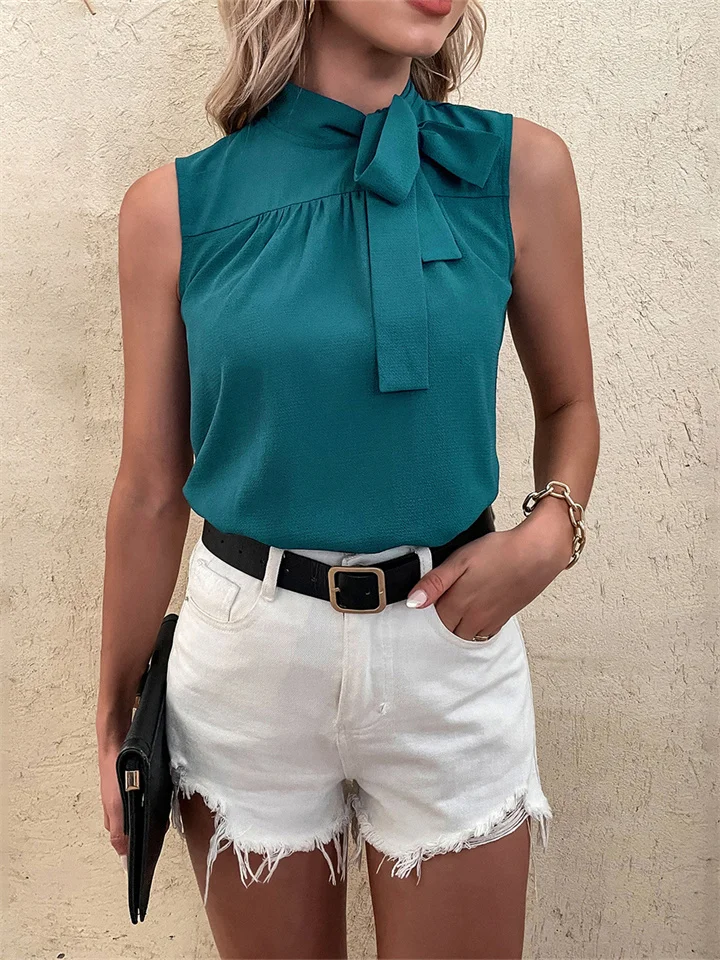 Summer New Women's Temperament Commuter Fashion Elegant Round Neck Button Sleeveless Splicing Solid Color Blouse