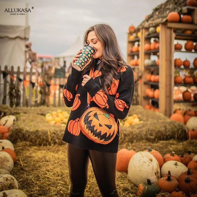 Autumn Winter Streetwear 2021 Gothic Ghost Pattern Knit Top Loose Long Sleeves Warm Fashion Girl Pullover sweater  Sweater Women