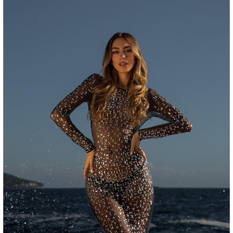 Ootddress Glitter Female Cover up Maxi Dress Mesh See-Through Split Fashion Long Sleeve Slim Sexy Beach Cover up Dress For Women New