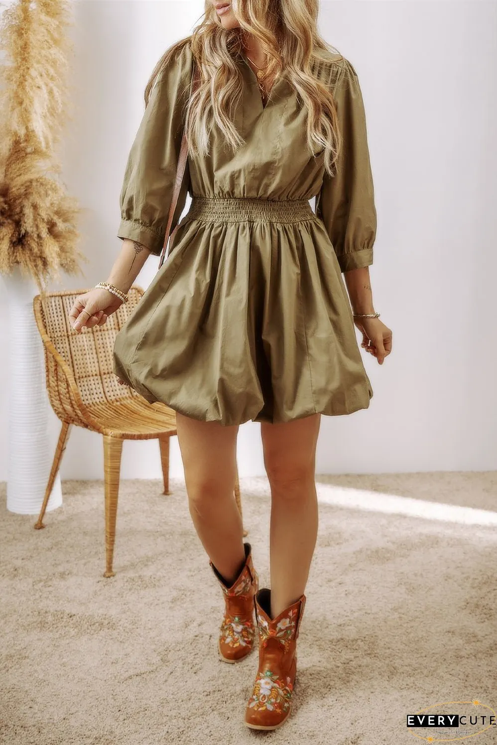 Guacamole Green Collared V Neck Smocked High Waist Mini Dress