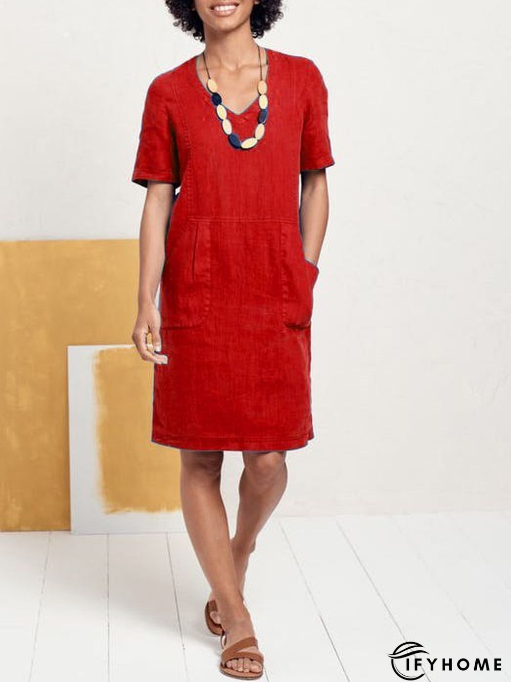 Solid Sweetheart Pockets Short Sleeve Dress | IFYHOME