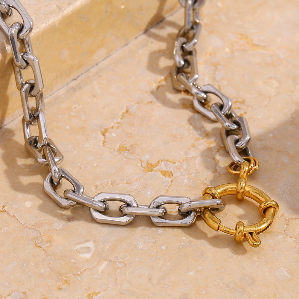 Versatile Personality Niche Fashion Necklace Stainless Steel Plated 18K Gold Spring Buckle Square Chain