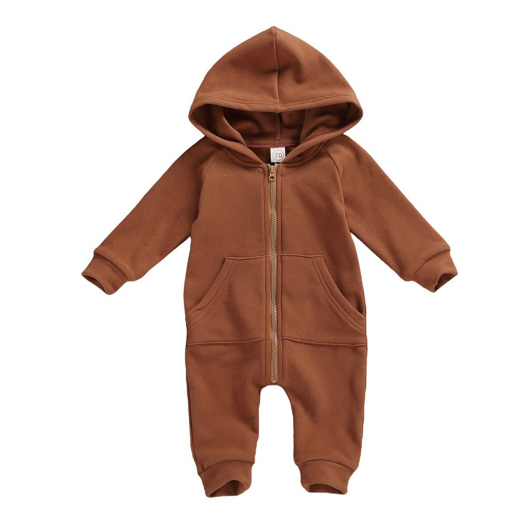 Infant Baby Long Sleeve Thick Jumpsuit Autumn Fashion Solid Color Zipper Hooded One Piece Long Pants with Pocket