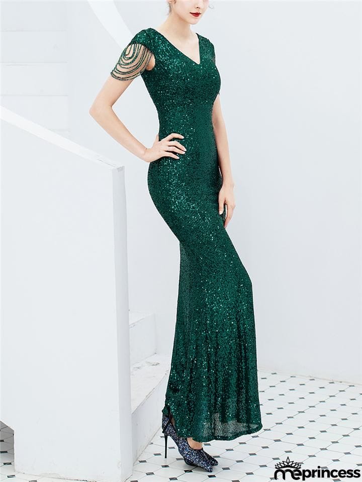 Stunning Sequined V Neck Mermaid Dinner Dresses for Ladies