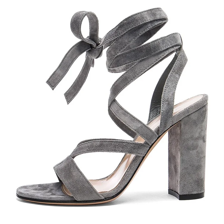 Grey Soft Suede Chunky Heel Strappy Sandals Vdcoo