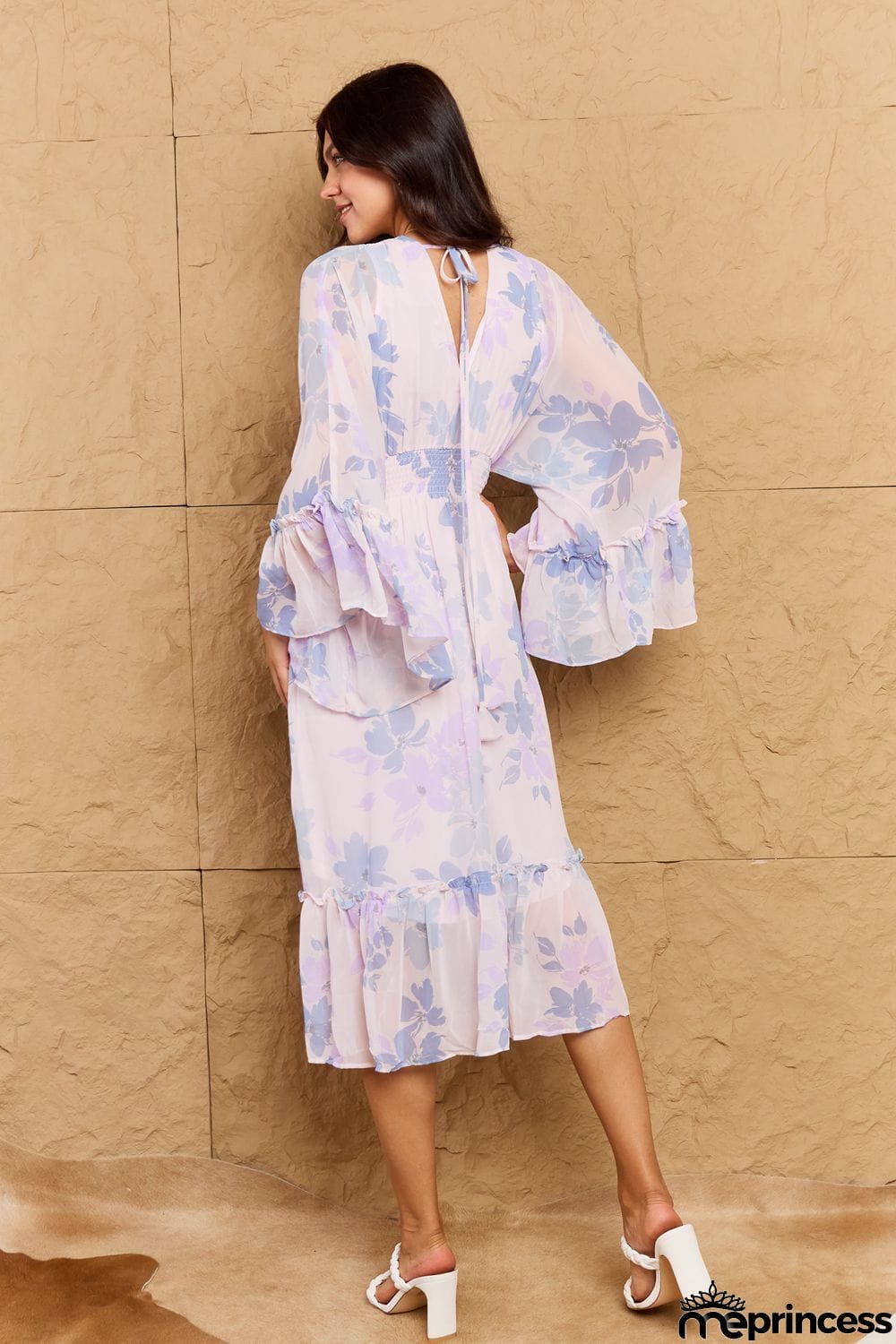OneTheLand Take Me With You Floral Bell Sleeve Midi Dress in Blue
